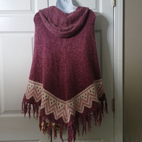 MAX STUDIO Mauve White Fringe Mohair Wool Acrylic Mix Hooded Poncho One Size - Picture 4 of 7
